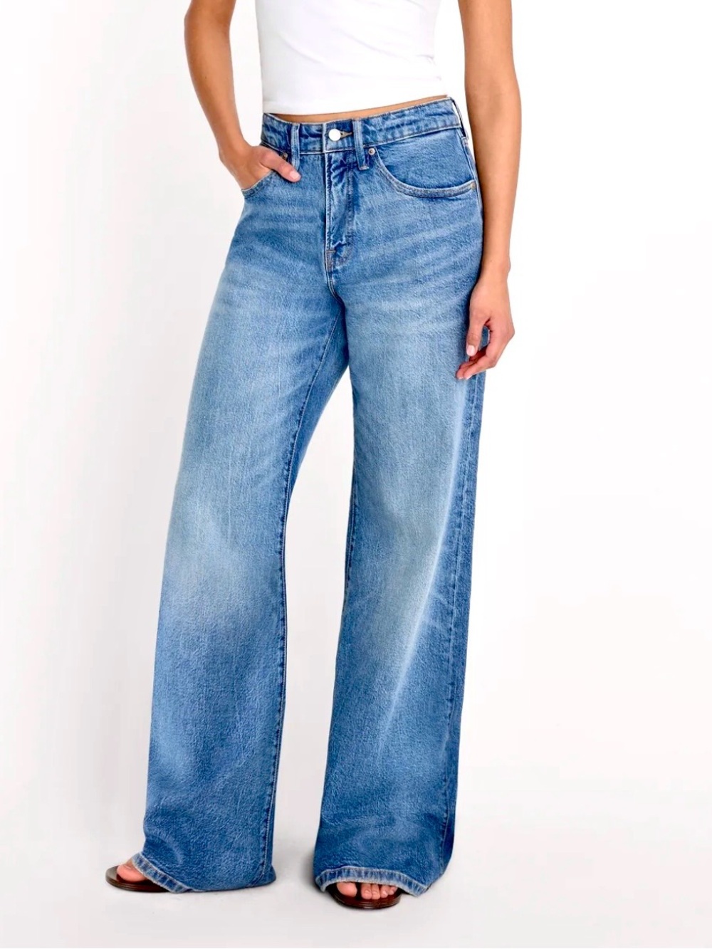 Good American 2/26 Good Ease Mid Rise Relaxed Cotton Blend Blue Jeans.